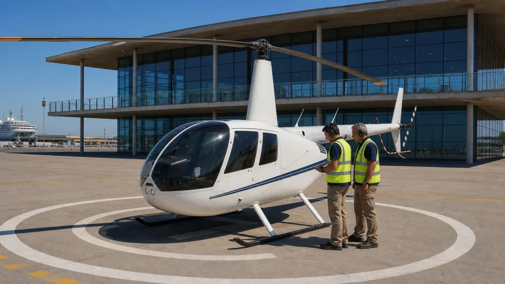 Robinson R44 helicopter parked at the Barcelona heliport terminal