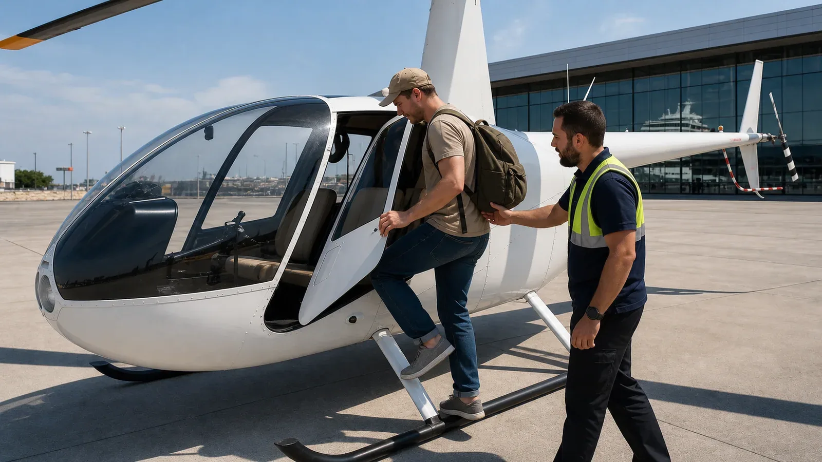 Passenger boarding a helicopter at the Port Vell heliport in Barcelona before a sightseeing flight