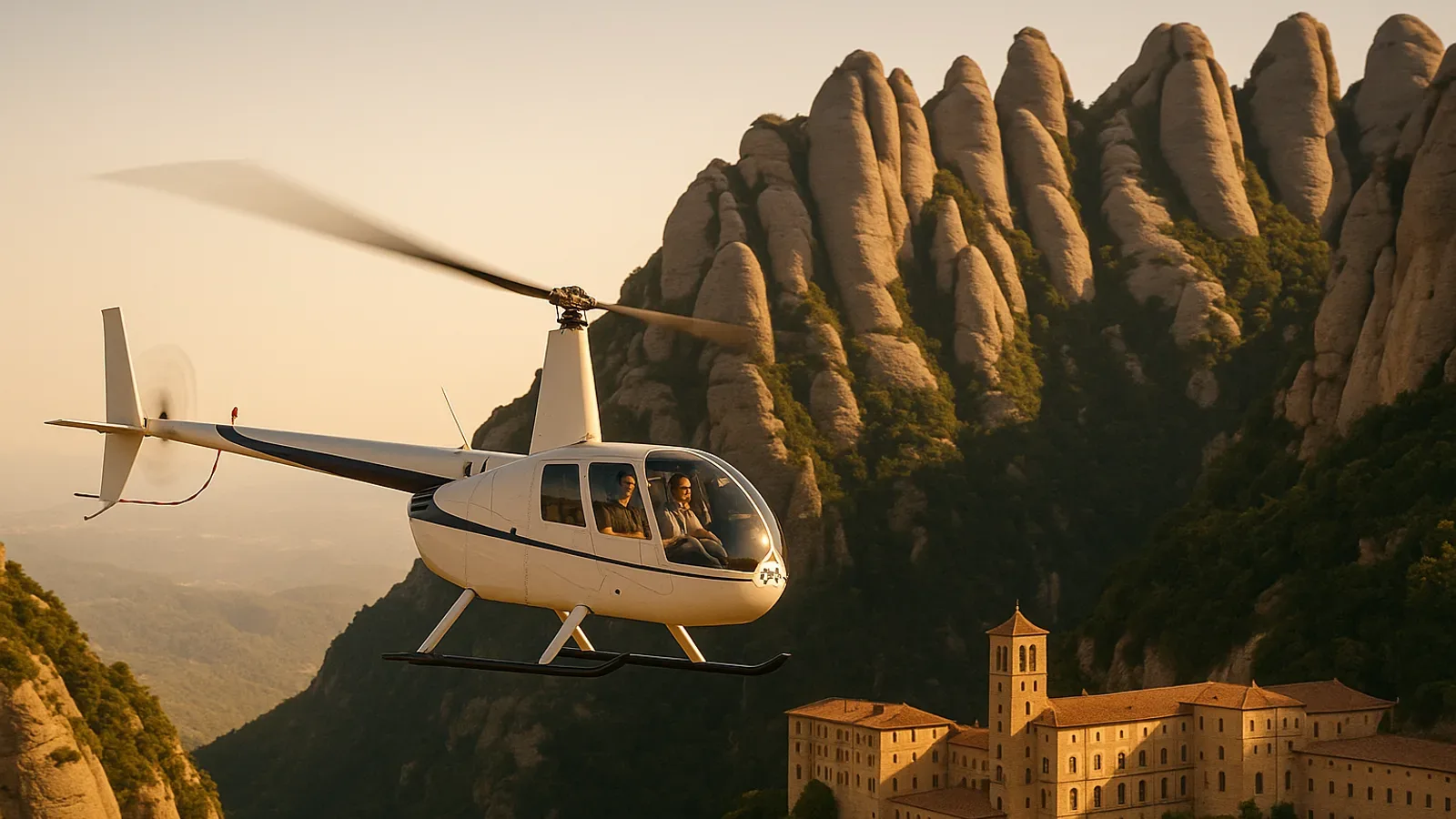 Helicopter flying past Montserrat's jagged mountain peaks with the monastery below