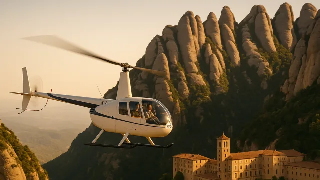 Helicopter flying past Montserrat's jagged mountain peaks with the monastery below