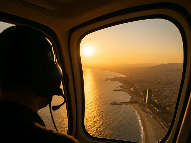 View from inside the helicopter cabin over the Barcelona coastline, with a headset-wearing passenger in the foreground