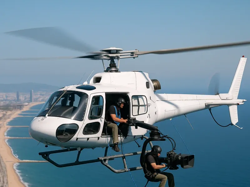 Helicopter fitted with a door-off aerial filming camera rig over Barcelona
