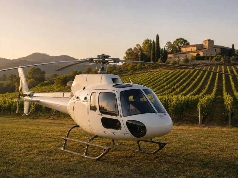 Helicopter landed on grass near a vineyard in the Penedès wine country outside Barcelona
