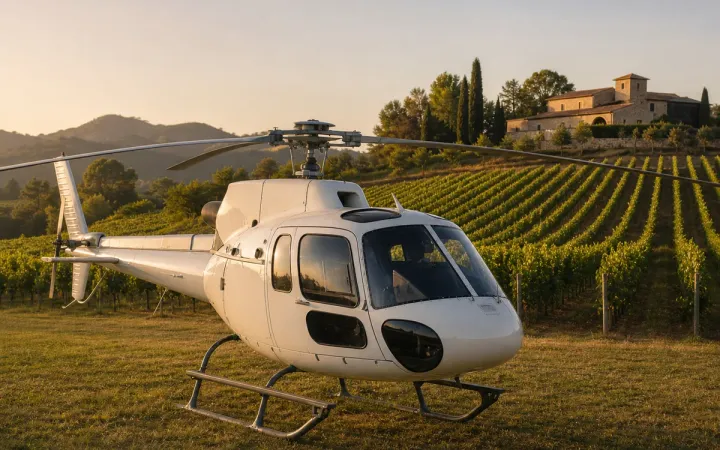 Private helicopter charter landed near a Penedès vineyard