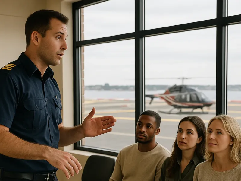 Pilot giving a seated safety briefing to passengers before a Barcelona helicopter flight