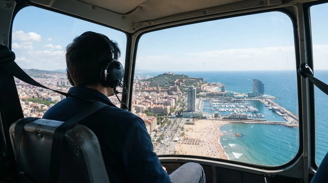 Solo passenger in a headset looking out of a helicopter window at Barceloneta beach, Port Vell marina and the sea