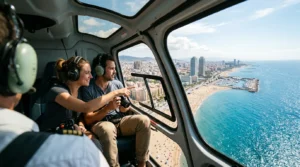 Travellers inside a helicopter admiring coastal views and beaches during a helicopter tour in Barcelona.