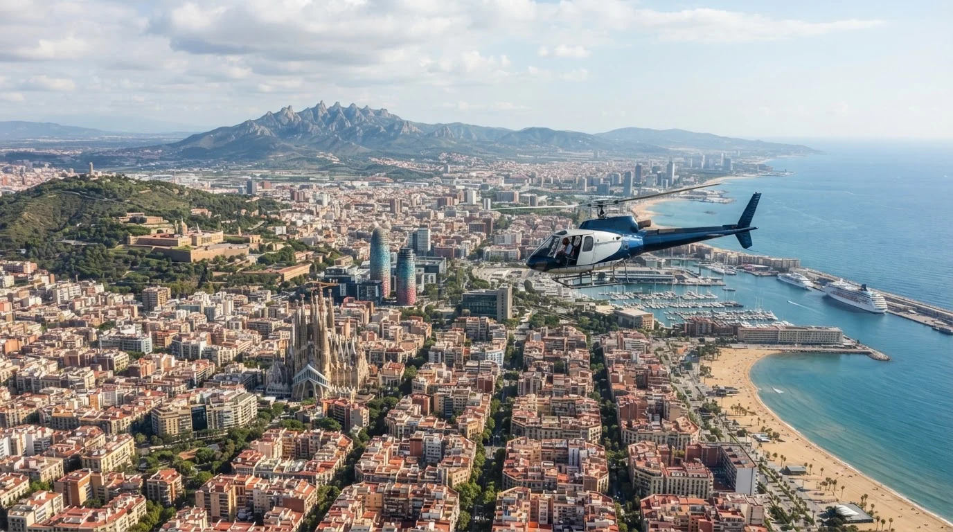 A blue and white helicopter flies over the sunny Barcelona cityscape, coastline, and harbor near the Sagrada Familia.