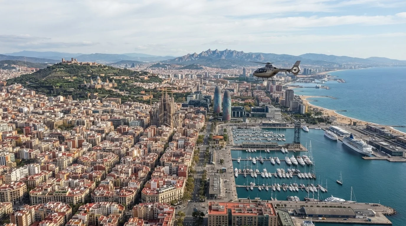 A helicopter flies over Barcelona coastline, marina, and city landmarks under a bright sky.