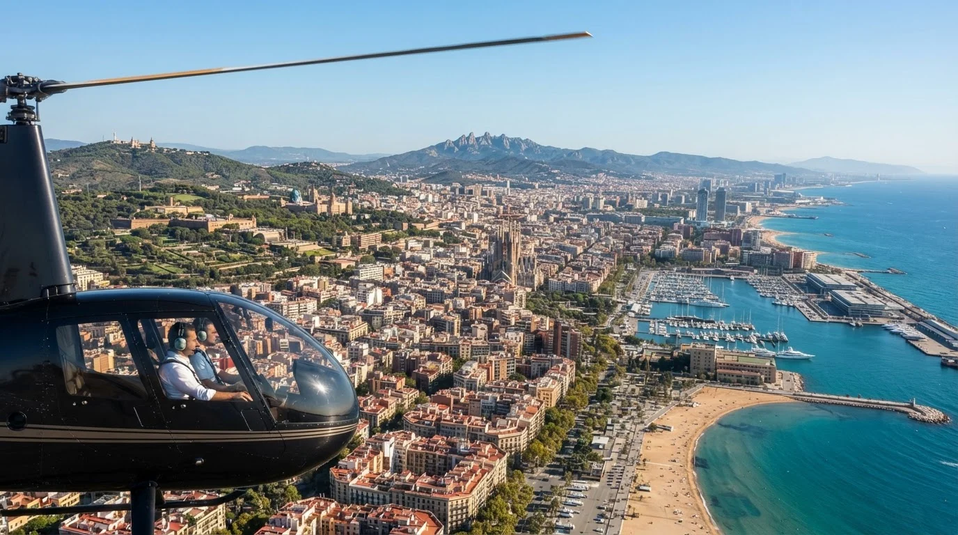A helicopter flies over Barcelona, showing the sunny coastline, harbor, Sagrada Familia, and cityscape.
