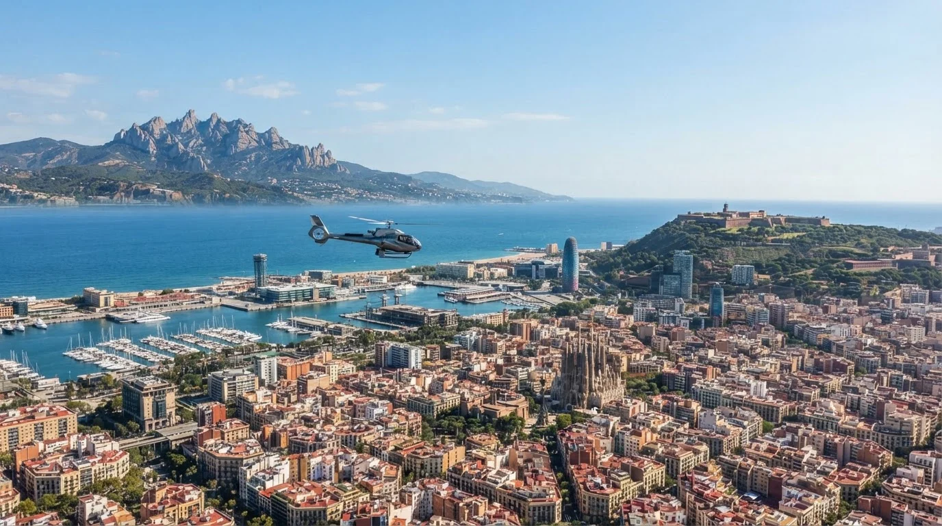 A helicopter flies over the Barcelona coastline, port, and city landmarks on a bright, sunny day.