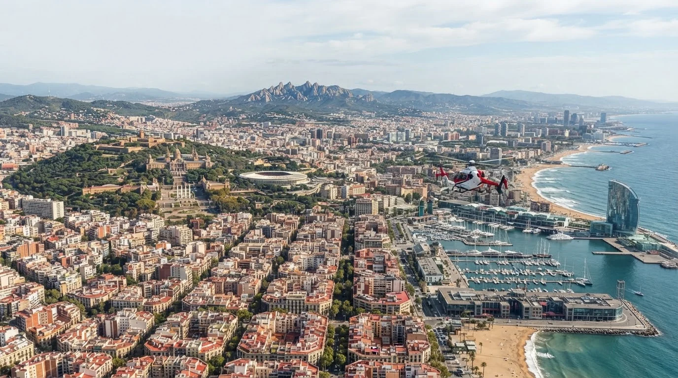 A red and white helicopter flies over the sunny Barcelona coastline and harbor against a mountainous backdrop.