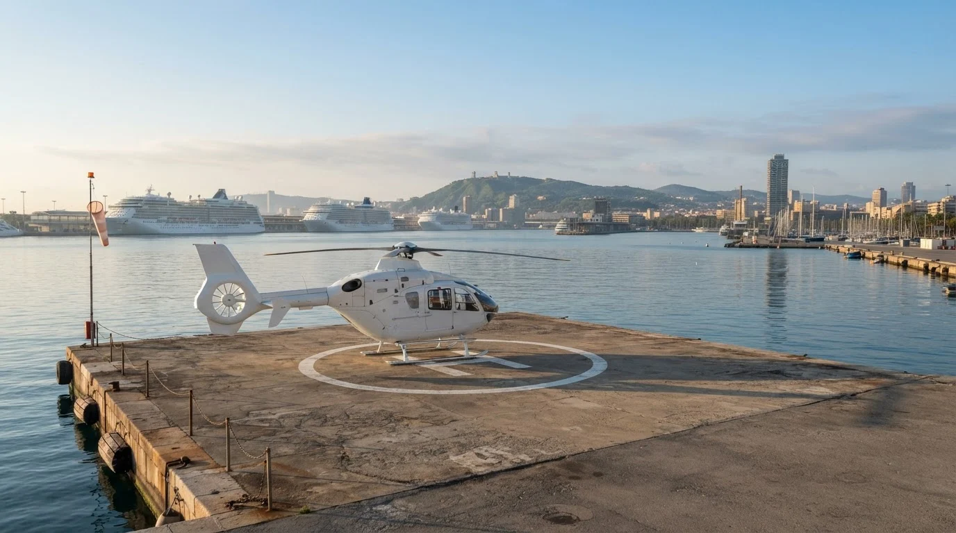 A plain white helicopter on a waterfront helipad in Barcelona's port in morning light, cruise ships far in the background