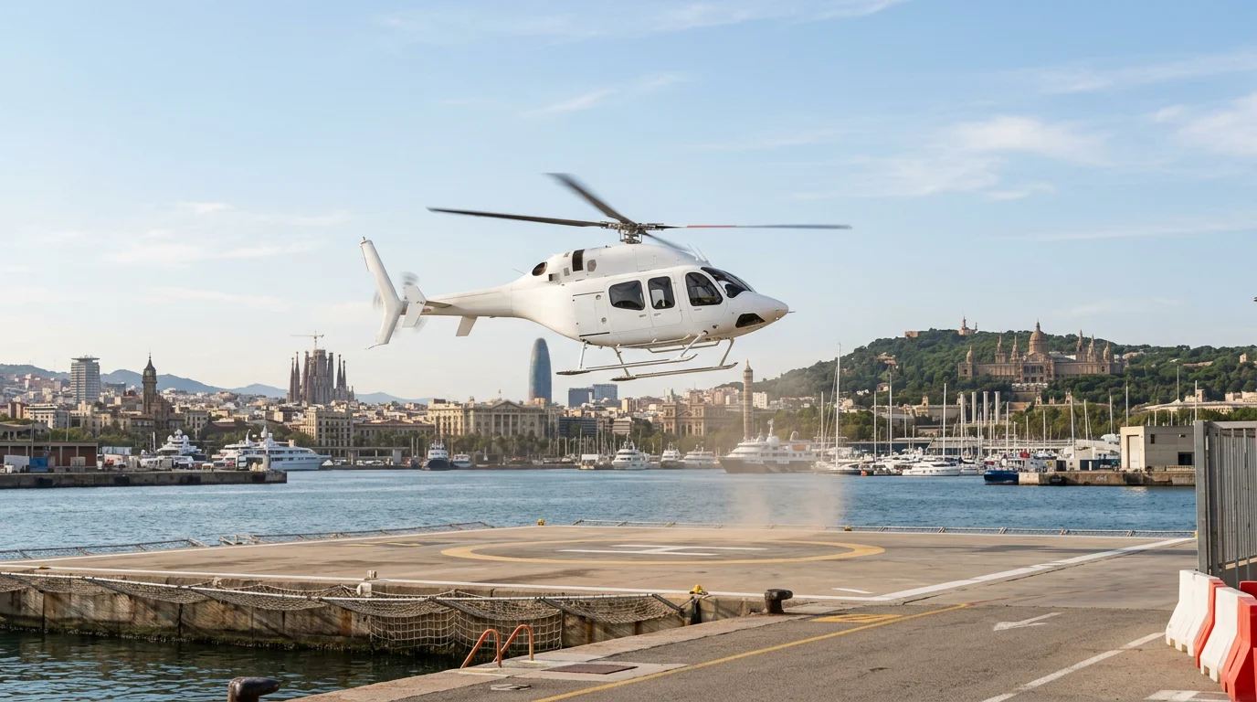 A plain helicopter lifting off from a waterfront helipad in Barcelona, with the city and Montjuic behind in soft light