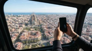 Hands holding a phone on a wrist strap at a helicopter window above Barcelona's street grid, Sagrada Familia in the distance