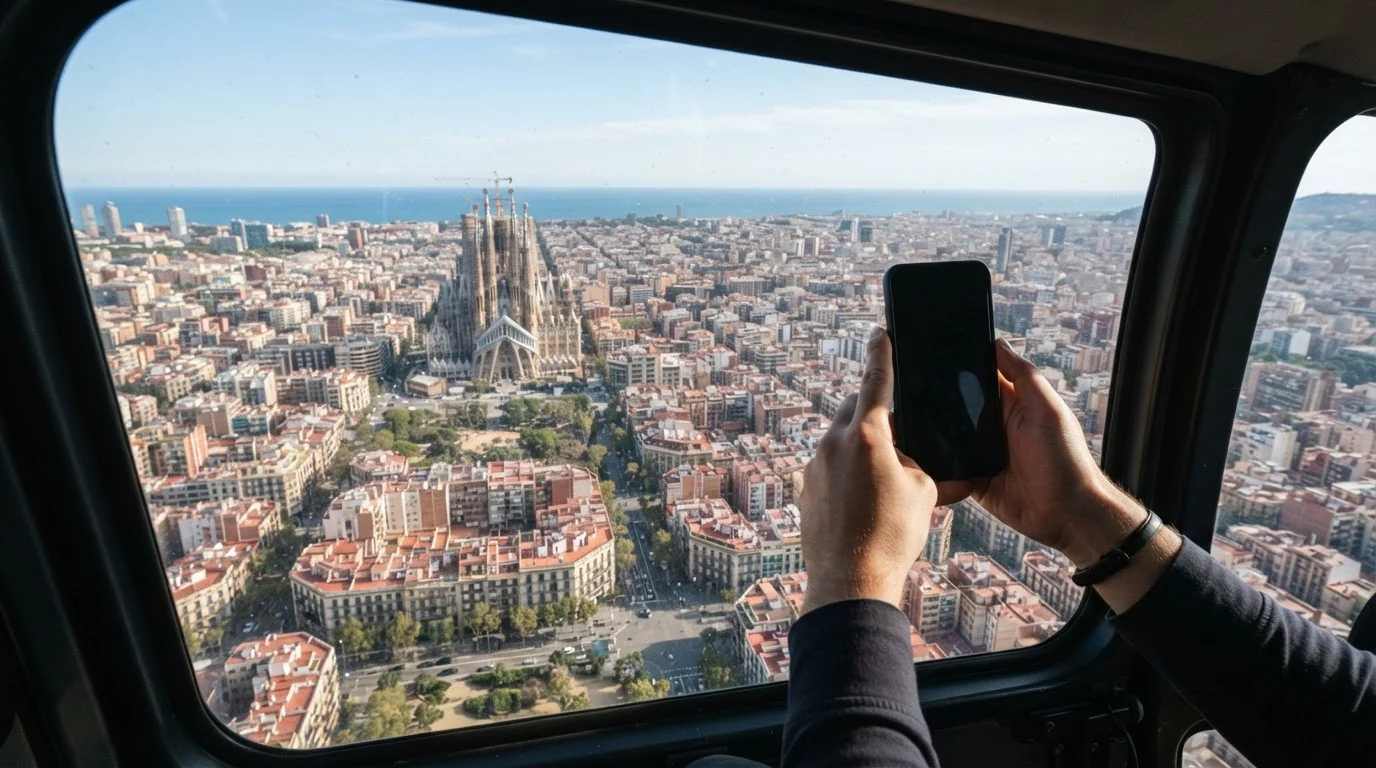 Hands holding a phone on a wrist strap at a helicopter window above Barcelona's street grid, Sagrada Familia in the distance