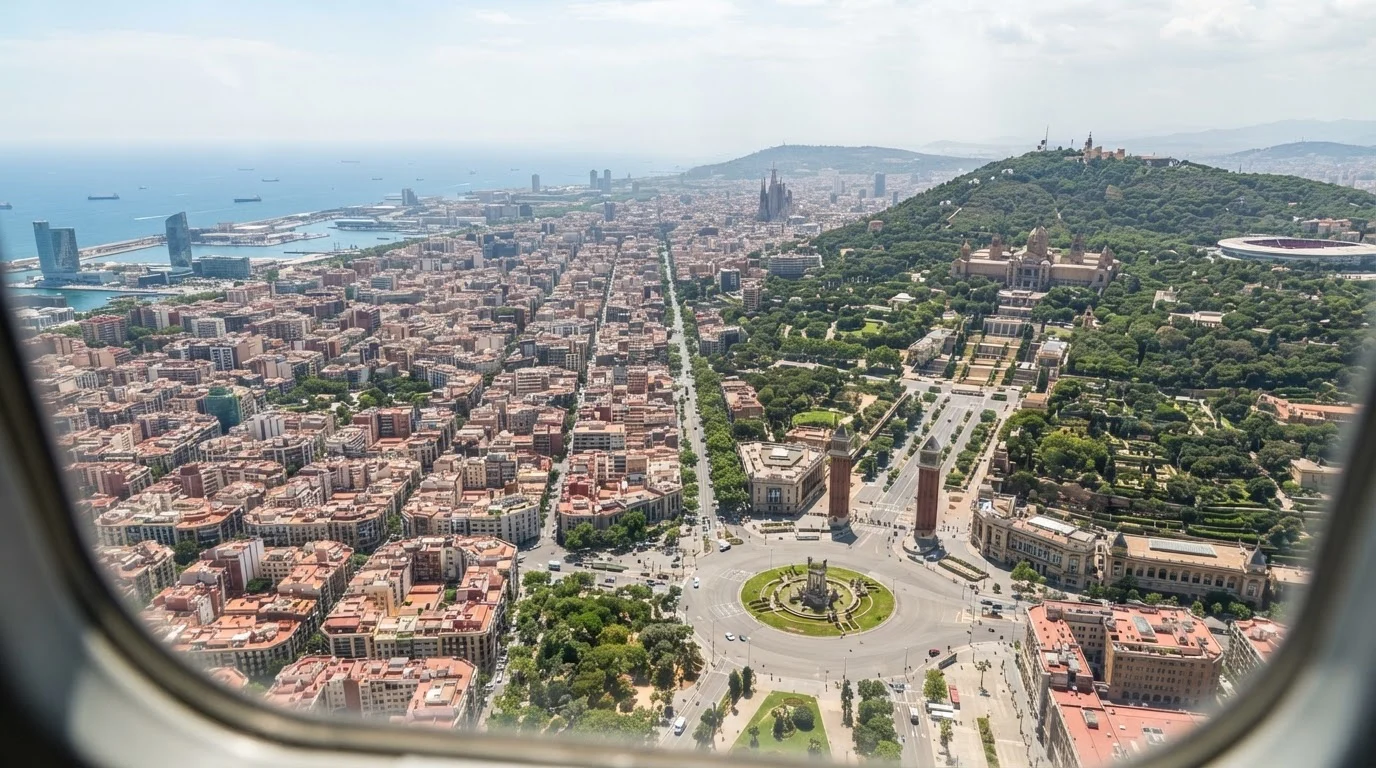 Aerial view of the wooded Montjuic hill above Placa Espanya and Barcelona's street grid in midday light