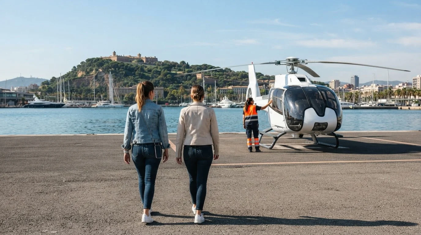 Two passengers in light jackets and flat shoes walk with ground crew to a white helicopter on a Port Vell helipad