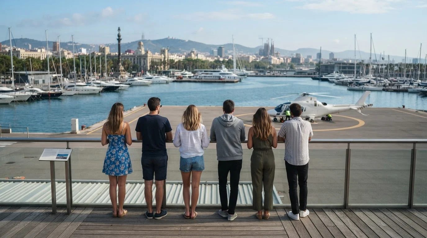 Six friends seen from behind on a harbour terrace in Port Vell, watching a white helicopter parked on the helipad