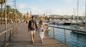 Travellers strolling along the sunny marina boardwalk exploring things to do near Port Vell Barcelona before a flight.
