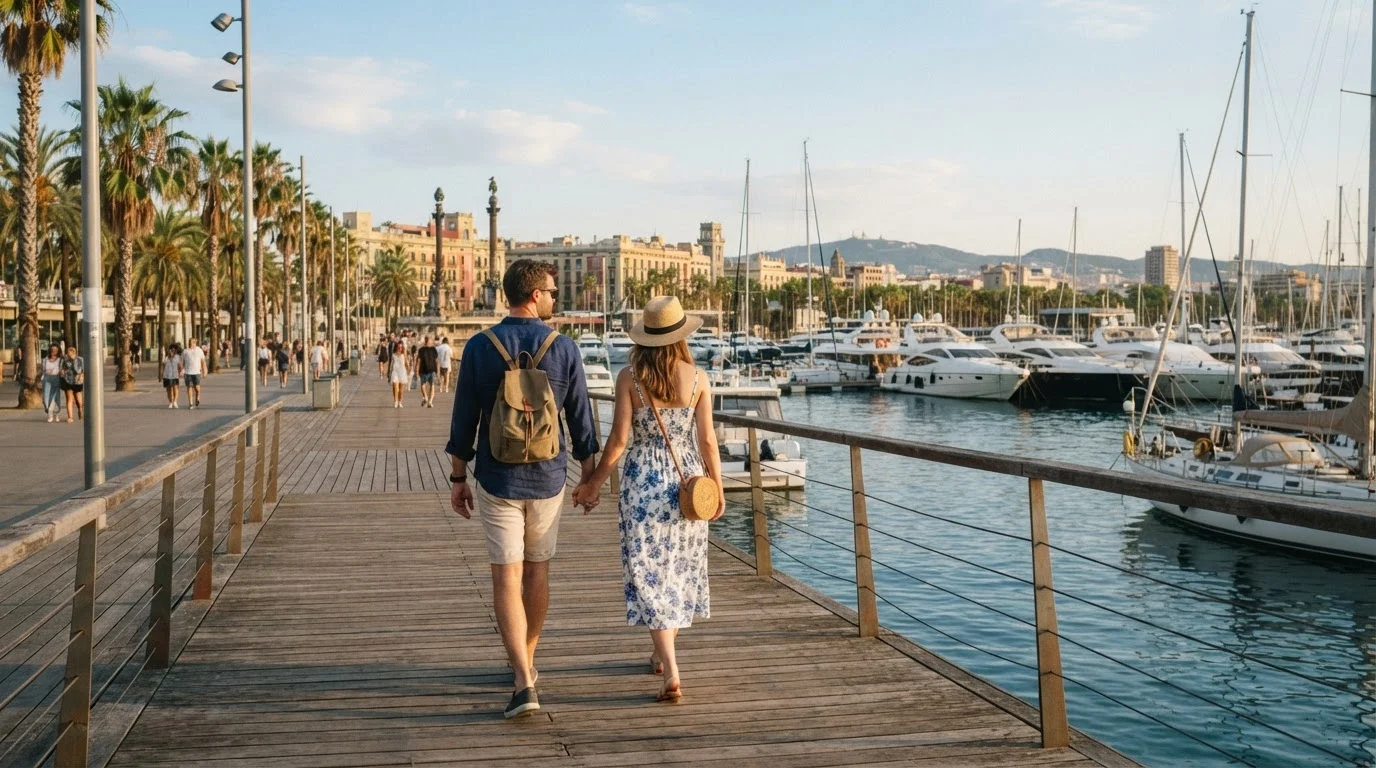 Travellers strolling along the sunny marina boardwalk exploring things to do near Port Vell Barcelona before a flight.